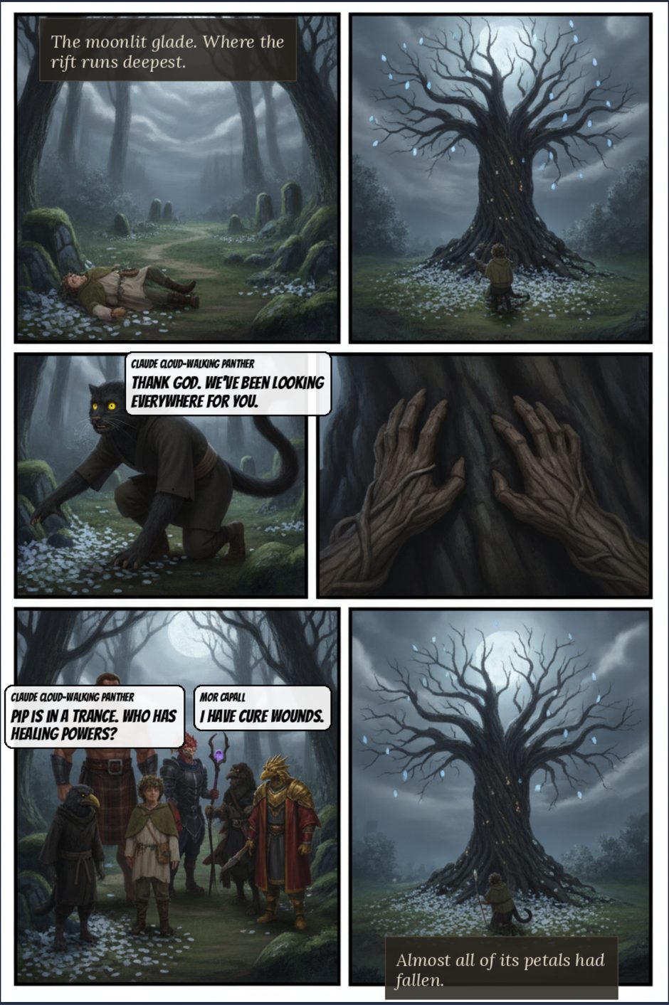 An illustrated comic page from a session — panels, captions, and dialogue drawn from the table