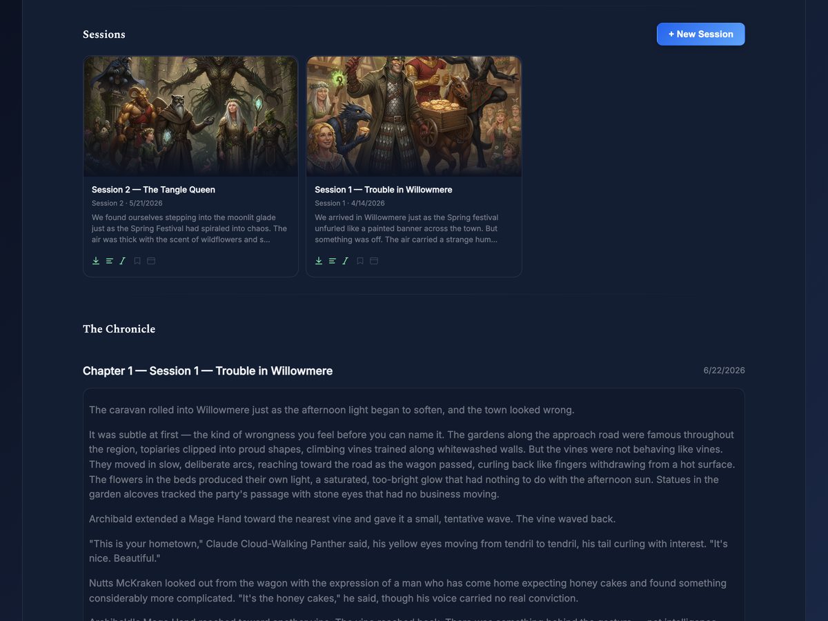 A campaign page with session cards and the compiled chronicle