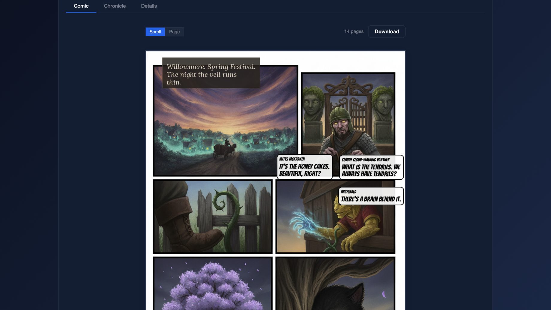 A session entry in The Archive showing illustrated comic pages generated from real play