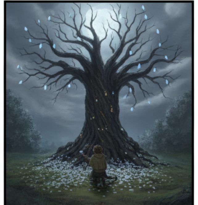 An illustrated key scene — a moonlit tree shedding glowing petals