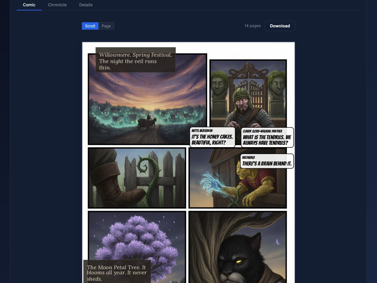 A session entry with illustrated comic pages